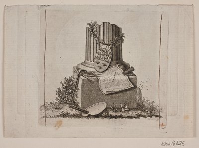 Vignet met gebroken zuil en de wapens van de drie noordelijke koninkrijken door Gerhard Ludvig Lahde