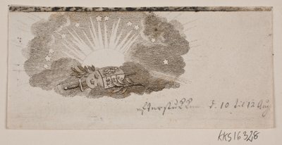 Vignet met de wapens van de drie noordelijke koninkrijken in de wolken voor de zon door Gerhard Ludvig Lahde
