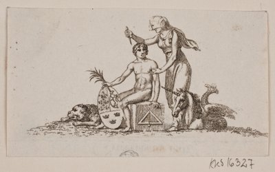 Vignet met vrouw, zittende jonge man en eenhoorn door Gerhard Ludvig Lahde