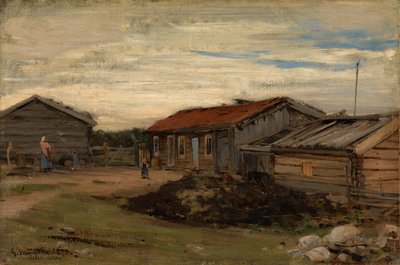 Een binnenplaats met grijze bijgebouwen door Gerhard Munthe