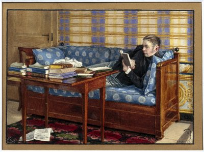 Portret van de dichter Vasili Zoukovsky (1783-1852). Liggend op een bank leest hij, voor hem stapels boeken op een tafel. door Gerhard Wilhelm von Reutern