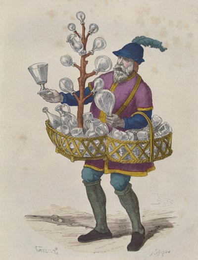 Glas- en Kristalverkoper in de Vijftiende Eeuw, uit Costumes de Paris a Travers les Siecles, gepubliceerd 1887 door Gerlier