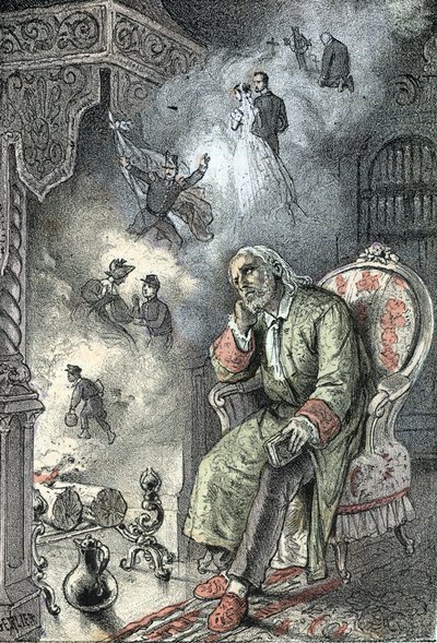 Een oude man herinnert zich zijn levensfasen (huwelijk, oorlog, dood van familieleden, jeugd) Gravure uit 