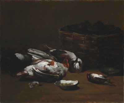 Stilleven met Dode Vogels en een Mand Oesters door Germain Ribot