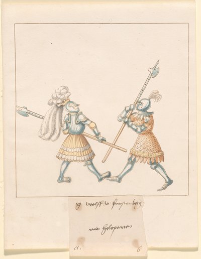 Freydal, Het boek van steekspelen en toernooien van keizer Maximiliaan I: Gevechten te voet (Steekspelen)(Deel III): G. Wolf von Fürstenberg mit Heleparten, Plaat 141 door German 16th Century