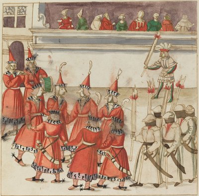 Zeven Mannen in het Rood Verzameld in een Cirkel door German 16th Century