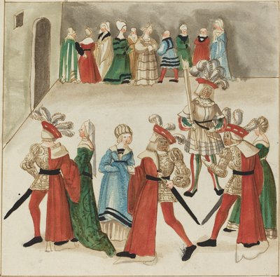 Drie mannen in rode mantels dansen met hun partners door German 16th Century