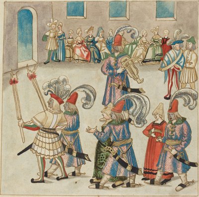 Twee dansende paren geleid door fakkeldragende ridders door German 16th Century