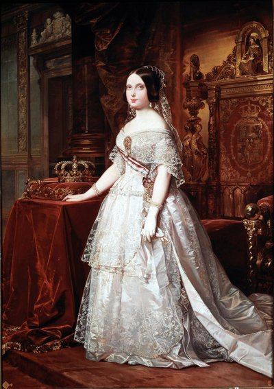 Portret van de koningin van Spanje Isabelle de Bourbon (Isabel de Borbon) II (1830-1904) Schilderij door German Hernandez Amores (1823-1894) door German Hernandez Amores
