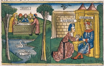 1 Koningen 2:10-11 De dood van David, en 2 Koningen 19-25 Bathseba vraagt Salomo om Abisag te laten trouwen met Adonia, uit de Neurenbergse Bijbel (Biblia Sacra Germanaica) door German School