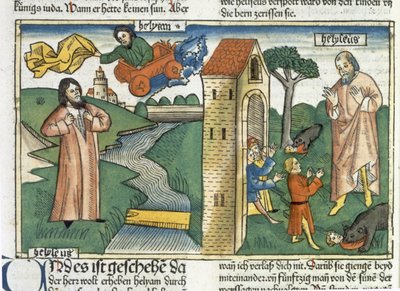 2 Koningen 2:1-24 Elia stijgt op naar de hemel in een wervelwind en de jongens die Elisa bespotten worden door beren opgegeten, uit de Neurenbergse Bijbel (Biblia Sacra Germanaica) door German School