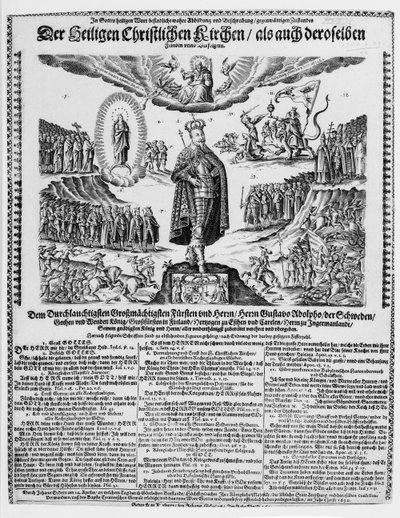 Een Duitse pamflet die Gustavus Adolphus afbeeldt als de kampioen van de protestantse zaak door German School