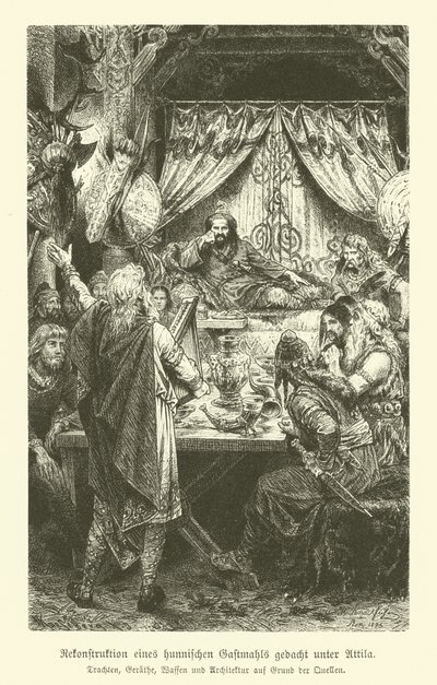 Een Hunnenfeest ten tijde van Attila (gravure) door German School