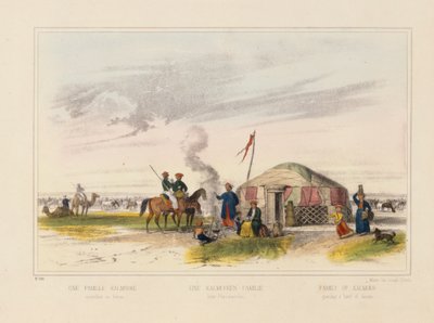 Een Kalmyk (West-Mongoolse) familie die paarden hoedt, picturaal pamflet uitgegeven door Joseph Scholz, Mainz, ca. 1860 door German School