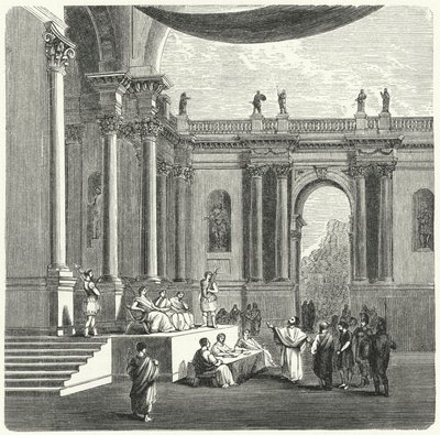 Een Romeinse rechtbank (gravure) door German School