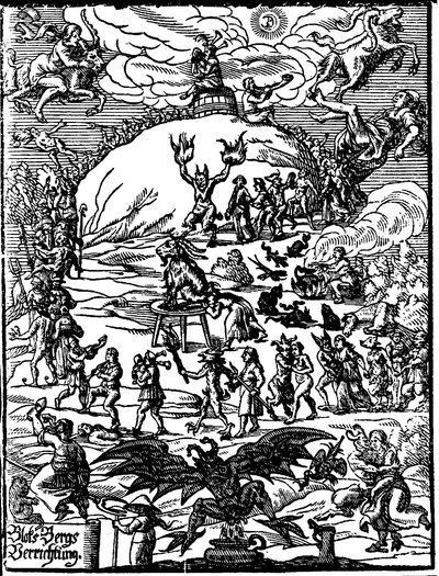 Een sabbatceremonie, een geit die de duivel voorstelt in het midden, omringd door heksen en demonen. Duitse gravure uit de 16e eeuw door German School