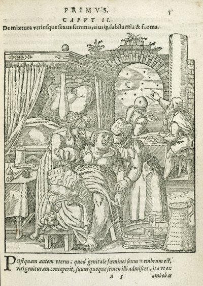 Een vrouw in arbeid, illustratie uit hoofdstuk 2, Boek 1 van Over de conceptie en groei van de mens door Rueff, 1587 door German School