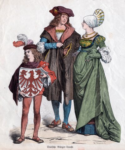 Een bourgeois familie. Duitse kostuums uit de XVIe eeuw uit de "Munchener Bilderbogen", Duitsland, c.1880 door German School