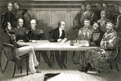 Een conferentie op Chusan tussen Commodore Bremer en Chang, een Chinese ambtenaar, aan boord van de HMS Wellesley, 4 juli 1841 door German School