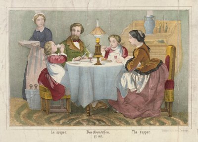 Een familie aan hun avondmaaltijd, picturaal pamflet uitgegeven door Haider & Cronberger, Stuttgart, 1860 door German School
