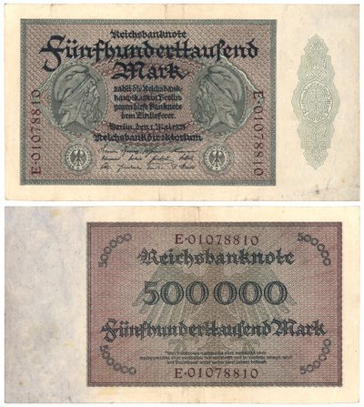Een bankbiljet van vijfhonderdduizend mark, 1923 (recto en verso) door German School