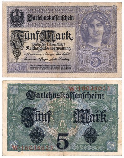 Een bankbiljet van vijf mark, 1917 (recto en verso) door German School