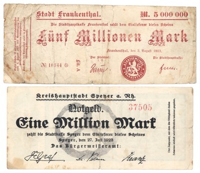 Een bankbiljet van vijf miljoen en één miljoen mark, 1923 door German School