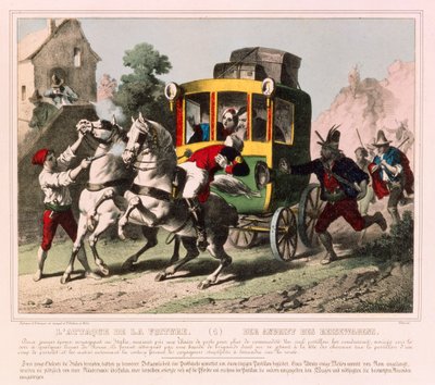 Een pasgetrouwd stel wordt aangevallen door struikrovers in Italië, prentenblad gepubliceerd door Gangel & P. Didion, Metz, ca. 1850 door German School