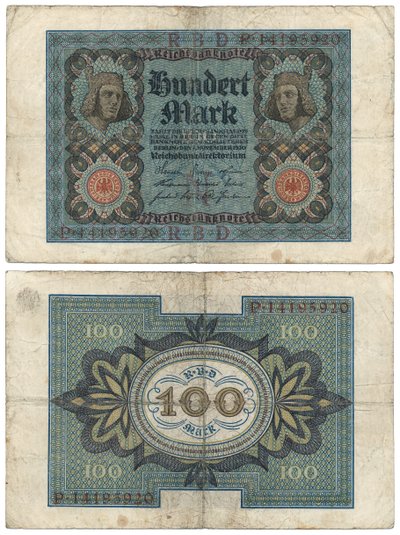 Een bankbiljet van honderd mark, 1920 (recto en verso) door German School
