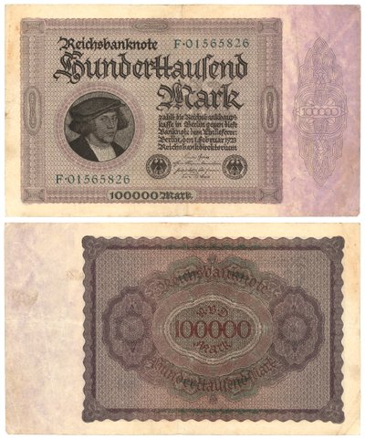 Een bankbiljet van honderdduizend mark, 1923 (recto en verso) door German School