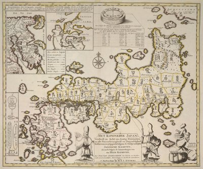 Een kaart van het Koninkrijk Japan verdeeld in achtenzestig provincies, afzonderlijke kaarten van Kamschatka en Niphon door German School