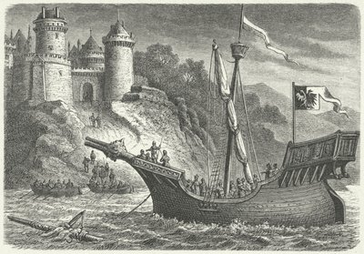 Een koopvaardijschip van de Hanze (gravure) door German School