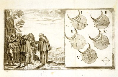 Een militaire aanval gepland in overeenstemming met de fasen van een zonsverduistering, illustratie uit een boek over de Ottomaanse campagnes in Europa, gegraveerd door Paul Furst (ca. 1605-66) door German School