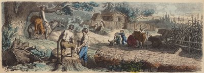 Een nieuwe nederzetting in het Amerikaanse Westen (gekleurde gravure) door German School