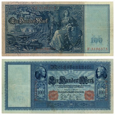 Een bankbiljet van honderd mark, 1910 (recto en verso) door German School