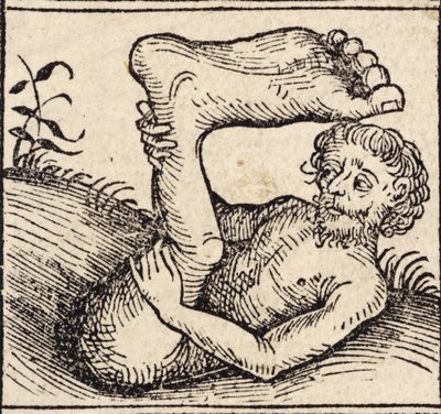 Een sciopod, Man met een gezwollen voet, uit `Registrum Hujus Operis Libri Cronicarum cum Figuris et Imagibus ab Inicio Mundi