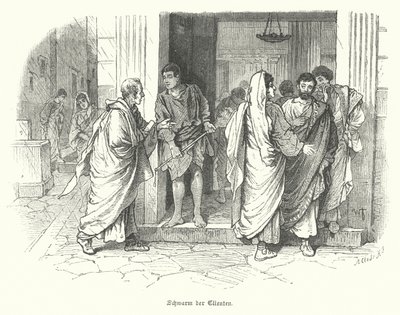 Een zwerm klanten buiten een bedrijf in het oude Rome door German School