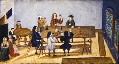 Een taveerne-interieur met figuren die kaarten spelen, ca. 1690 door German School