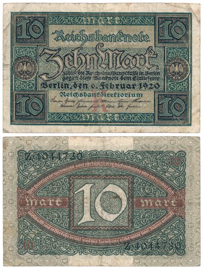 Een bankbiljet van tien mark, 1920 (recto en verso) door German School