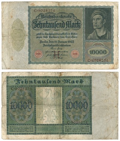 Een bankbiljet van tienduizend mark, 1922 (recto en verso) door German School