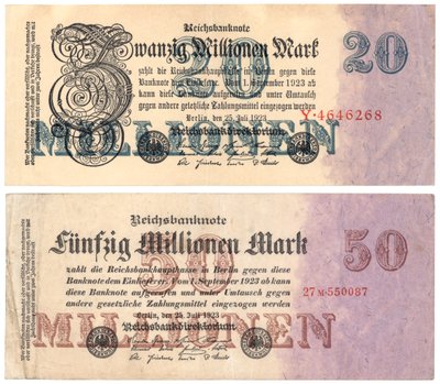 Een bankbiljet van twintig en vijftig miljoen mark, 1923 door German School