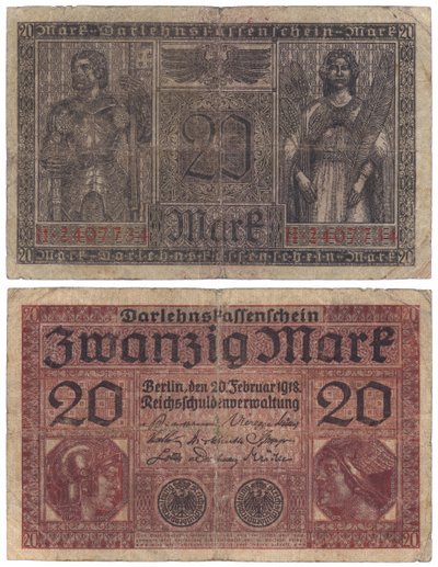 Een bankbiljet van twintig mark, 1918 (recto en verso) door German School