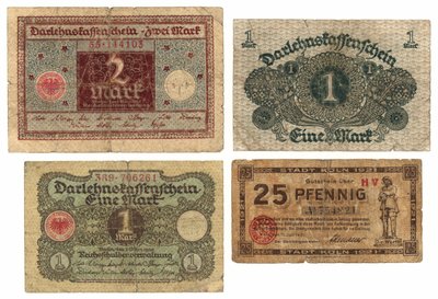 Een bankbiljet van twee mark, twee bankbiljetten van één mark en een bankbiljet van vijfentwintig pfennig, 1920-21 door German School