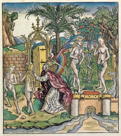 Adam en Eva worden verbannen uit Eden, gepubliceerd in de Neurenberg Kroniek, 1493 door German School