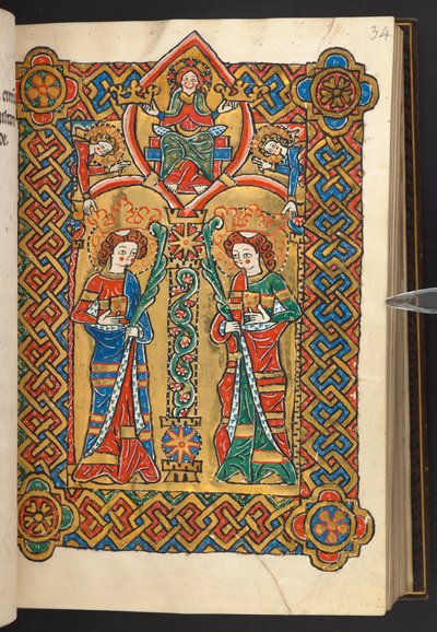 Christus en engelen kronen twee monastieke heiligen door German School