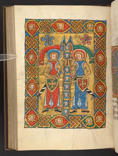 Add. 60629, f.84v Twee militaire heiligen, met de hoofden van anderen door German School