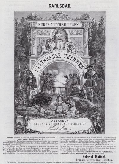 Advertentie voor Mattoni mineraalwater en andere producten uit de spa in Karlsbad (Karlovy Vary), Bohemen door German School