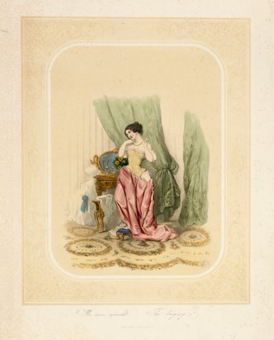 Een elegante dame aan haar kaptafel, gedrukt door F. Sala & Co, Berlijn, ca. 1850 door German School