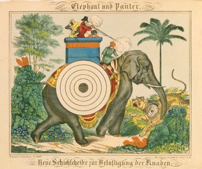 Een olifant en panter met doelen, uit Neuruppiner Bilderbogen, 1850 door German School