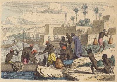 Oude Egyptische vissers (gekleurde gravure) door German School